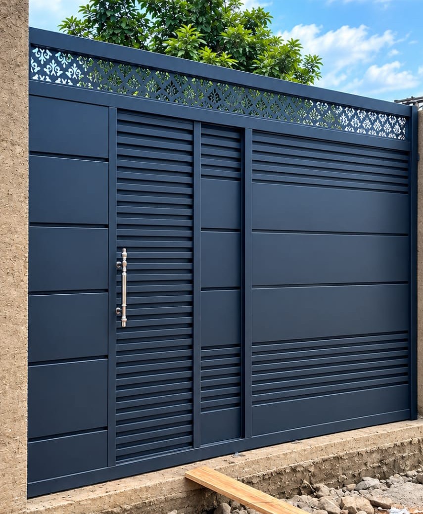 Black steel driveway gate with gold decorative details